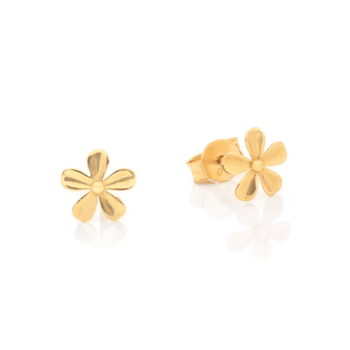 A pair of gold flower stud earrings with five petals, shown on a clean white background with soft reflections.