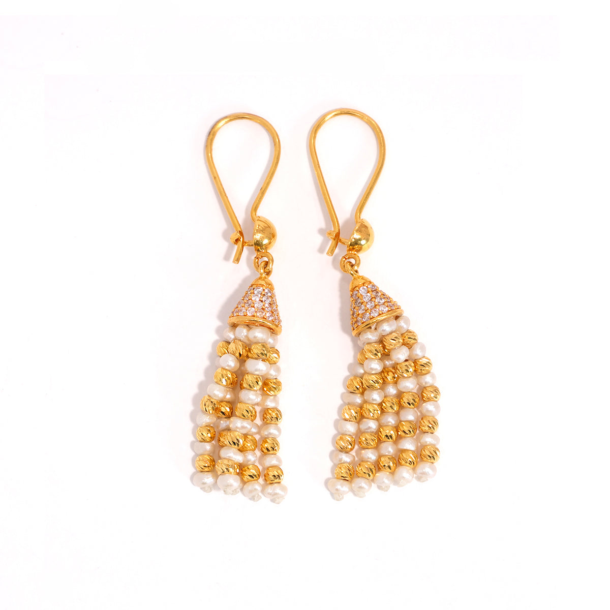 22K Gold Earrings – Pearl & Textured Bead Tassel Drop – Main View