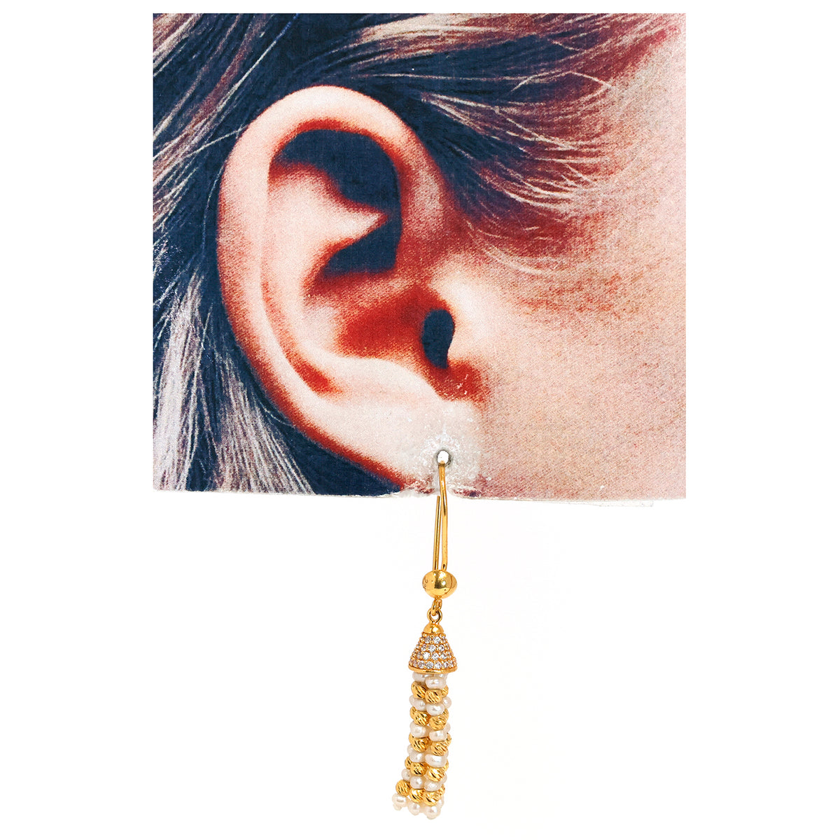 22K Gold Earrings – Pearl & Textured Bead Tassel Drop – Size Reference