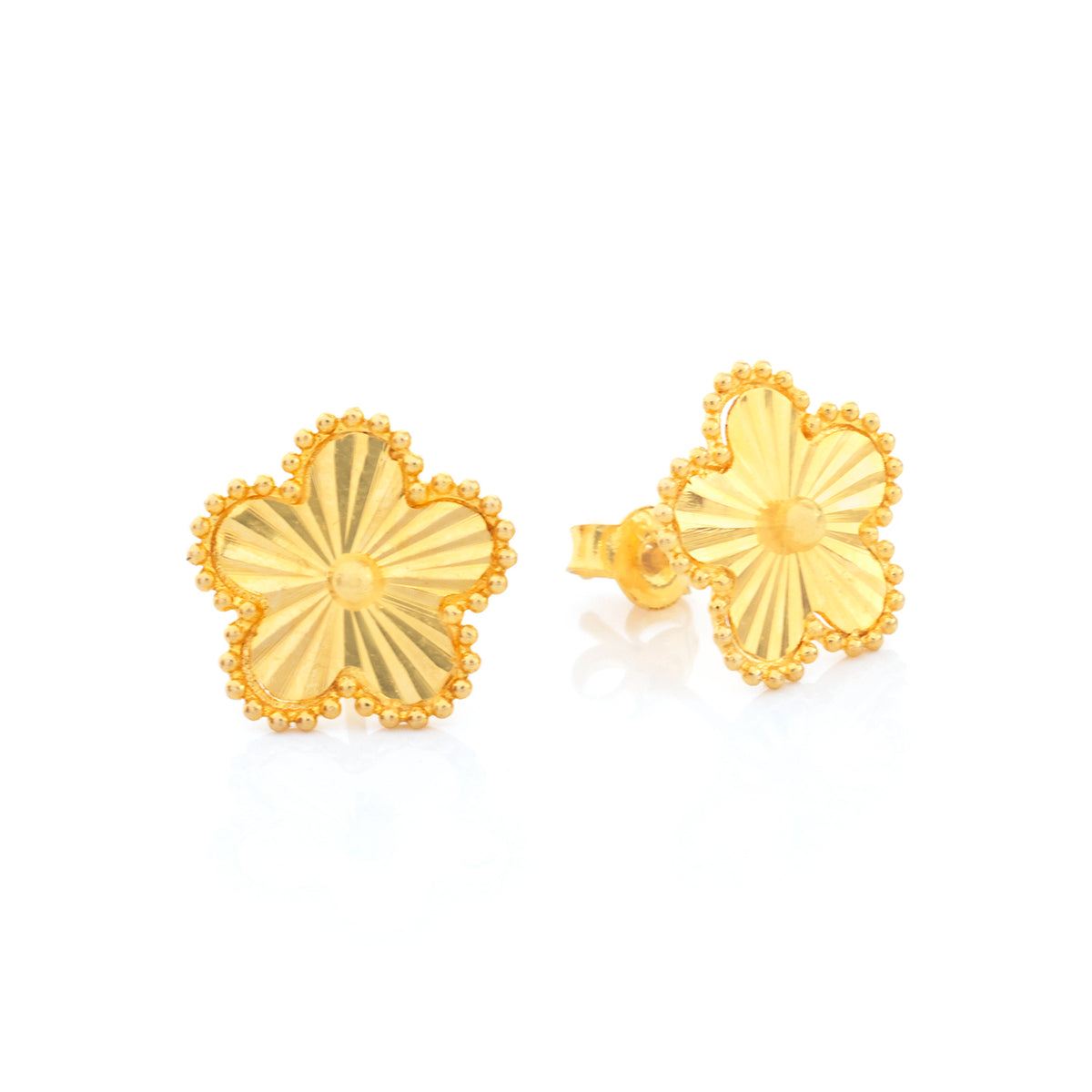 21K Gold Five-Petal Flower Diamond-Cut Stud Earrings