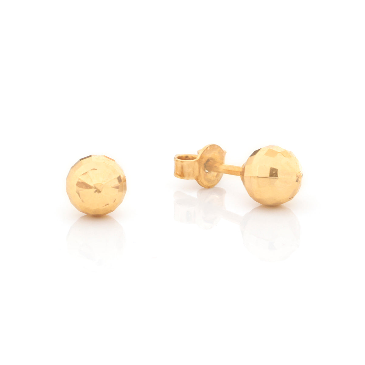 A pair of gold ball stud earrings, one shown from the front and the other from the side/back, on a clean white background with soft reflections.