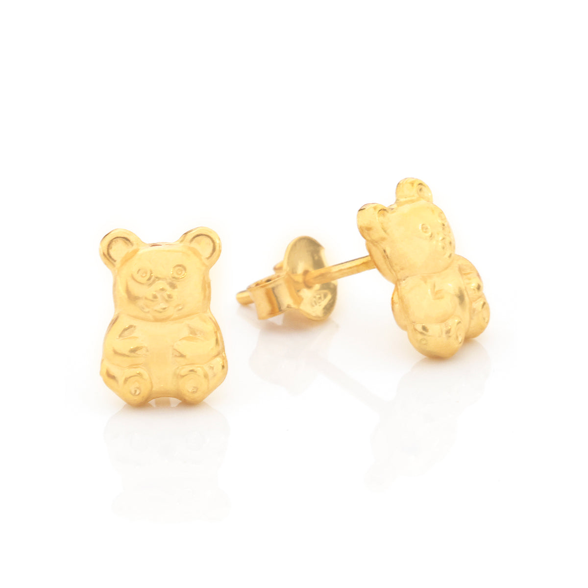 A pair of gold stud earrings shaped like small teddy bears, one shown from the front and the other from the side/back, on a clean white background.