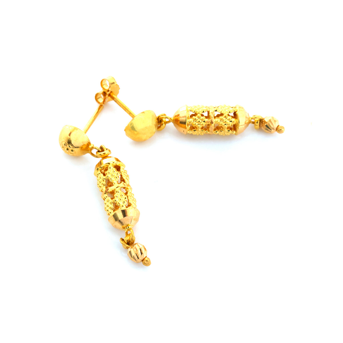 Gold earring with intricate design on a white background