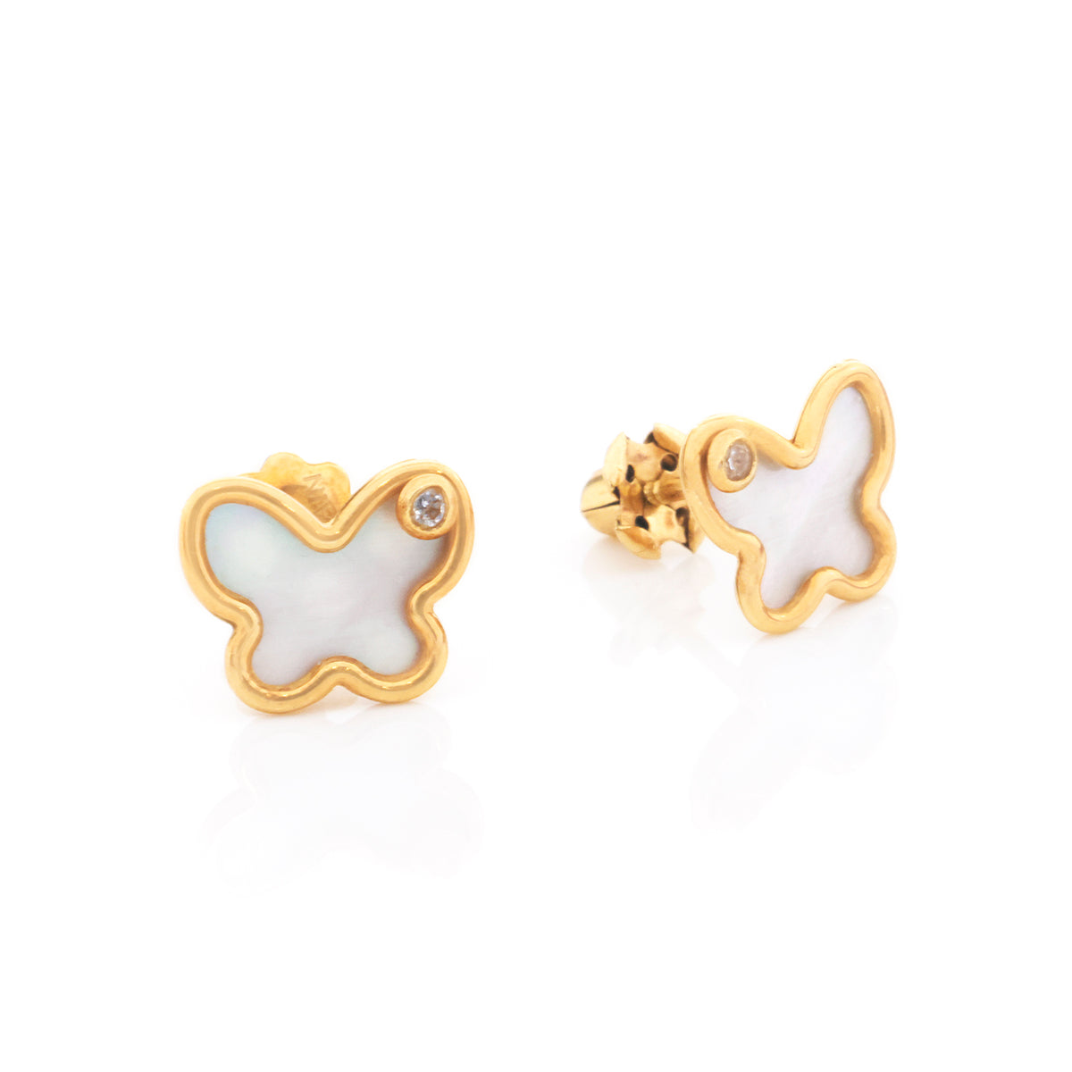 A pair of gold butterfly stud earrings with white mother-of-pearl inlays and a small clear crystal accent, shown on a clean white background.