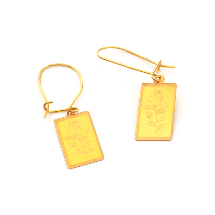 21K Gold Engraved Floral Rectangle Drop Earrings
