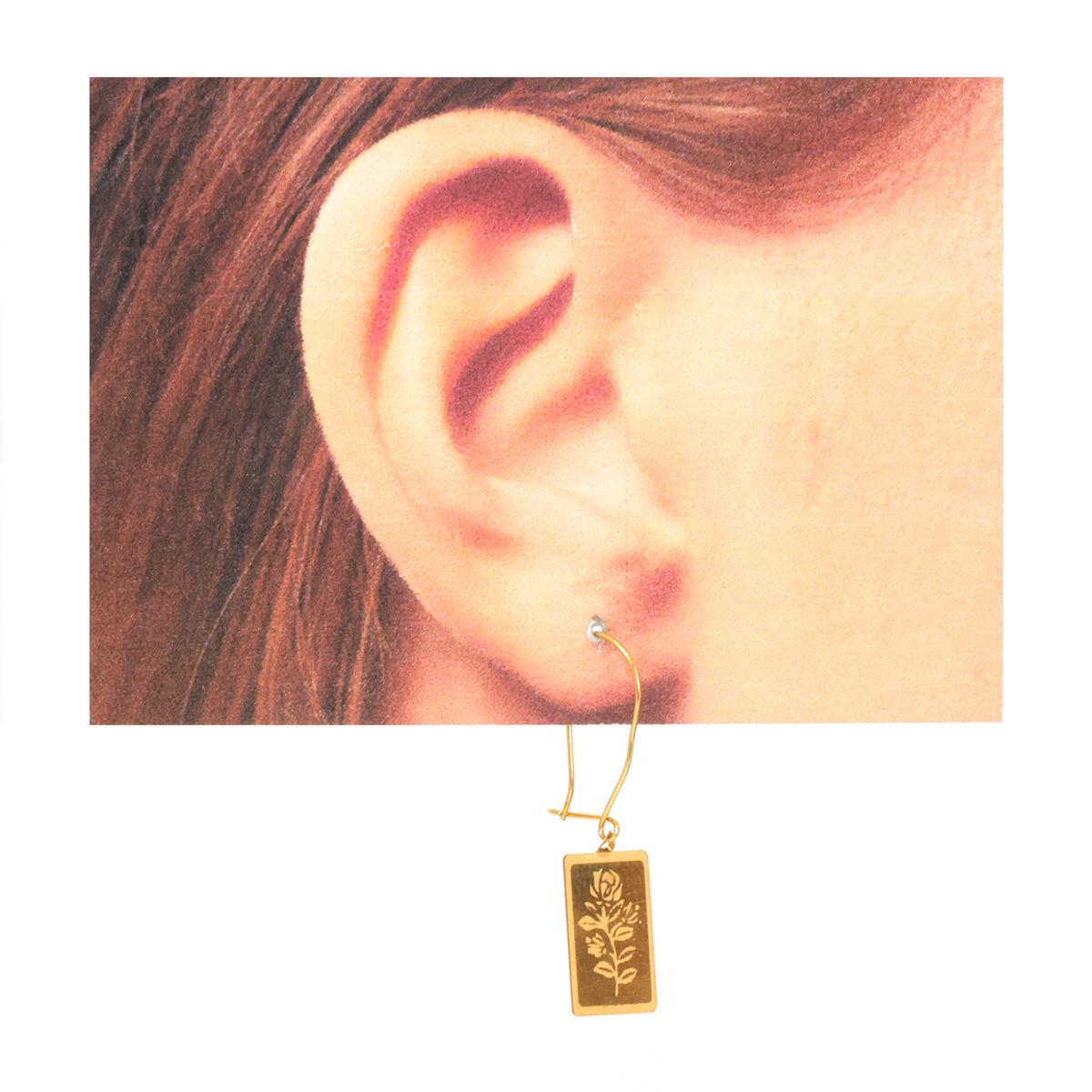 21K Gold Engraved Floral Rectangle Drop Earrings