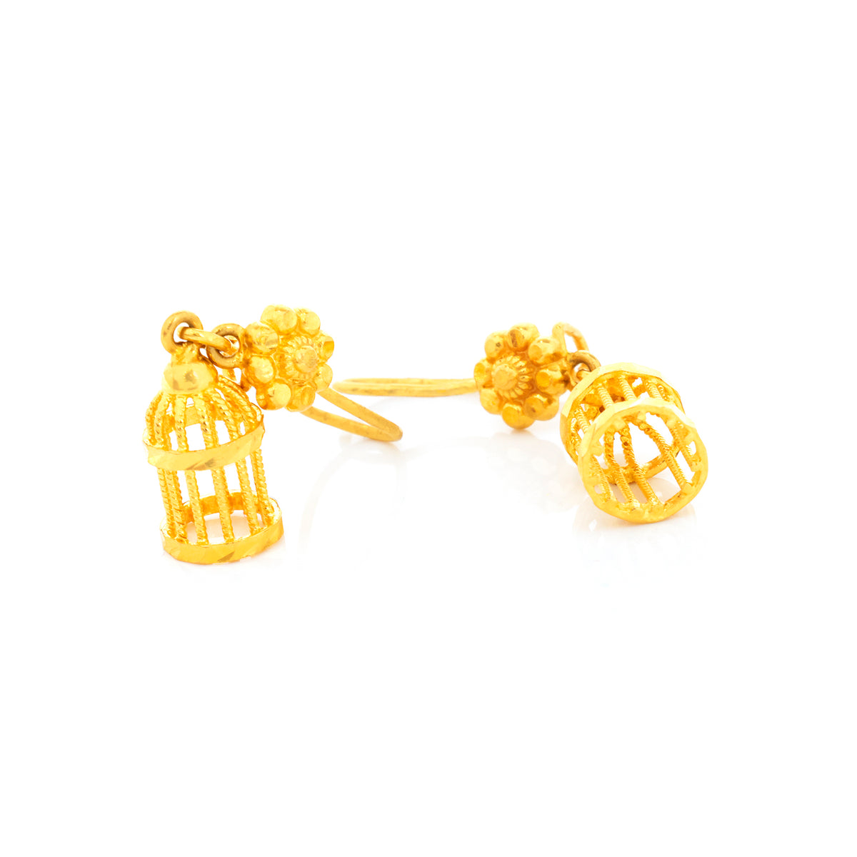 Gold birdcage earrings on a white background