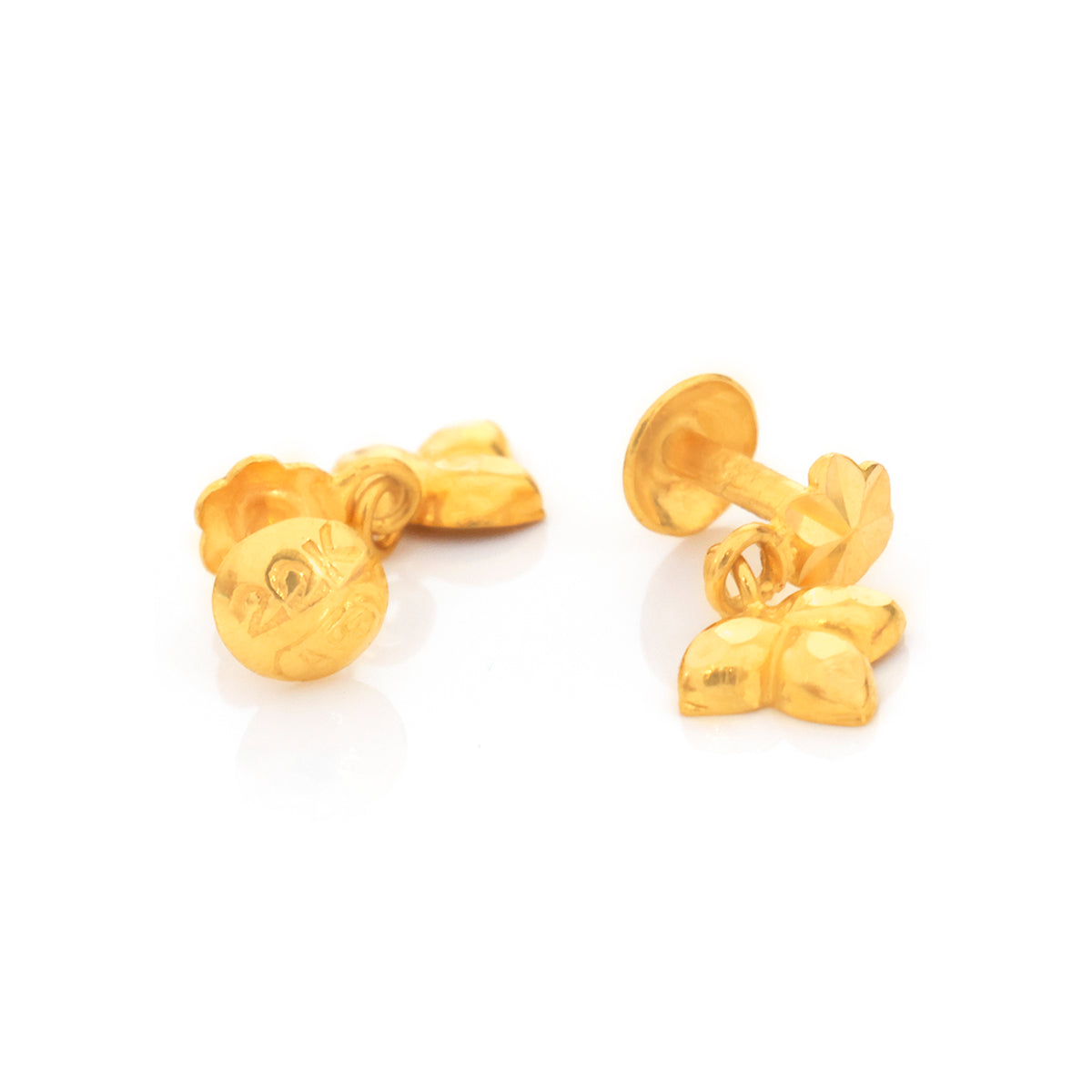 22K Gold Round Stud with Clover Charm Drop Earrings