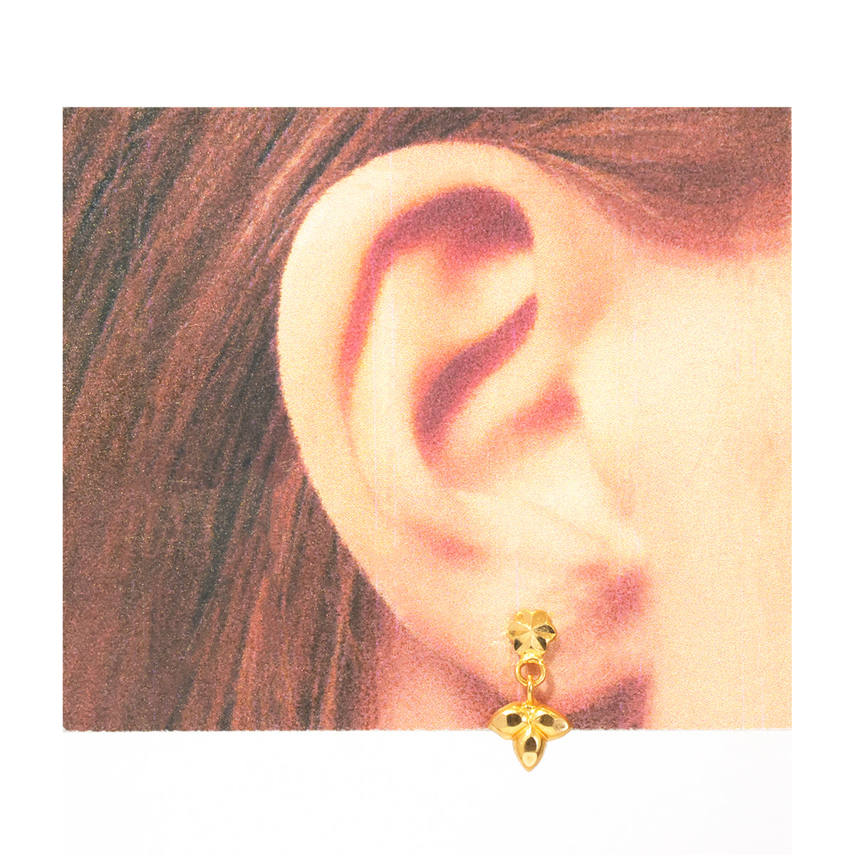 22K Gold Round Stud with Clover Charm Drop Earrings
