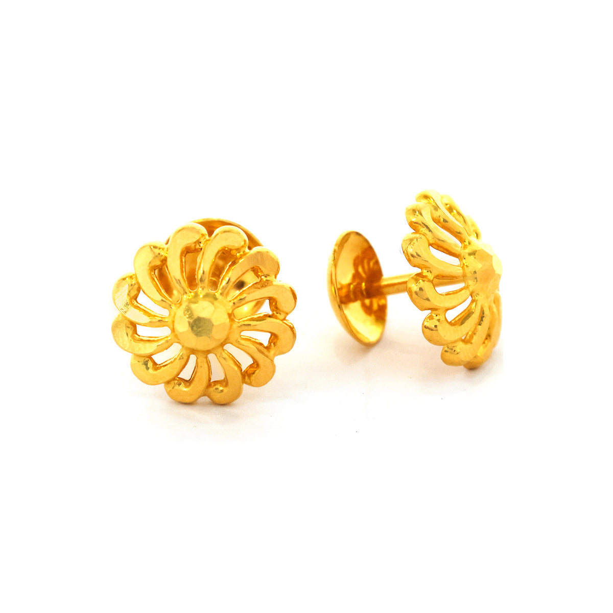 Pair of gold flower-shaped earrings on a white background