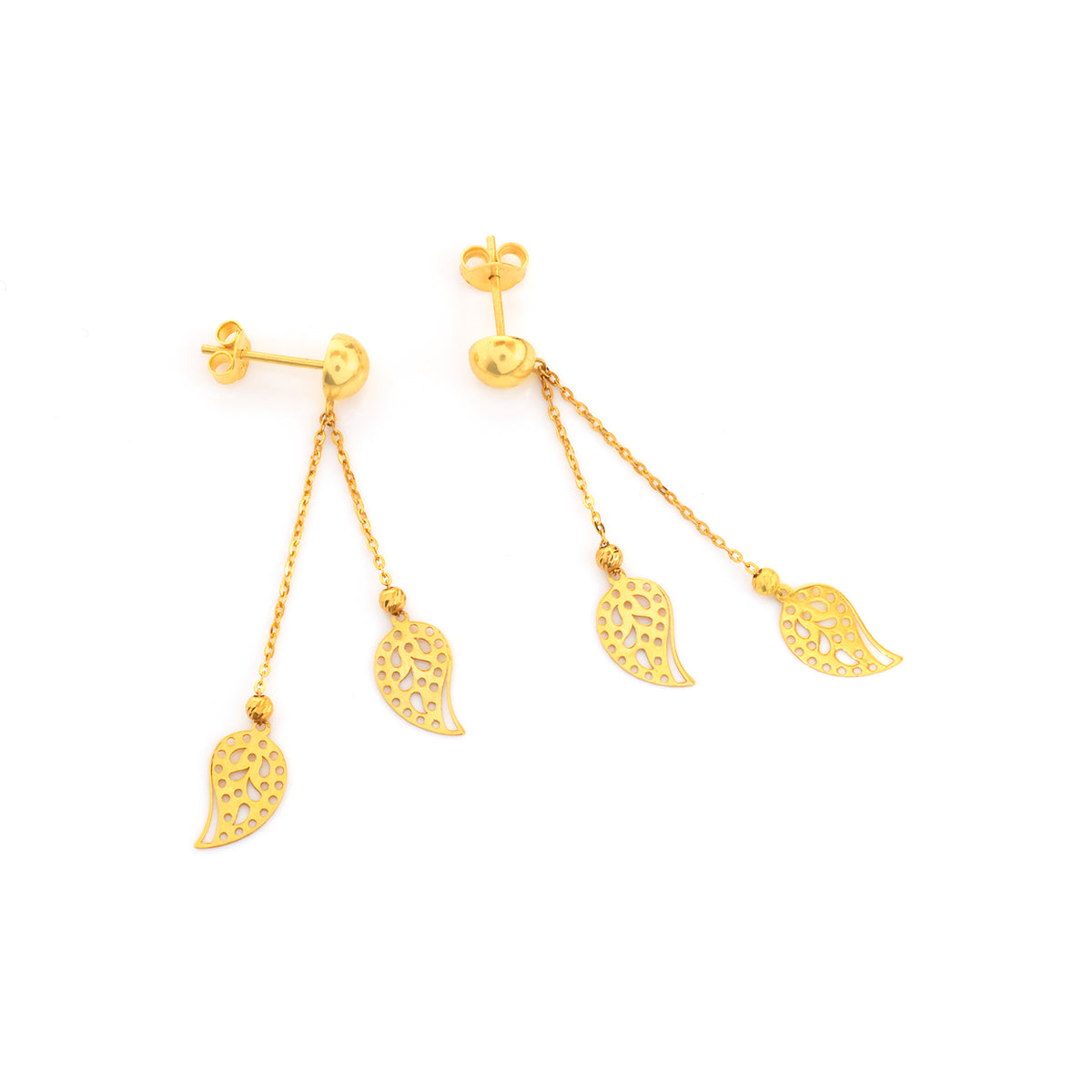 22K Gold Double Chain Filigree Leaf Drop Earrings