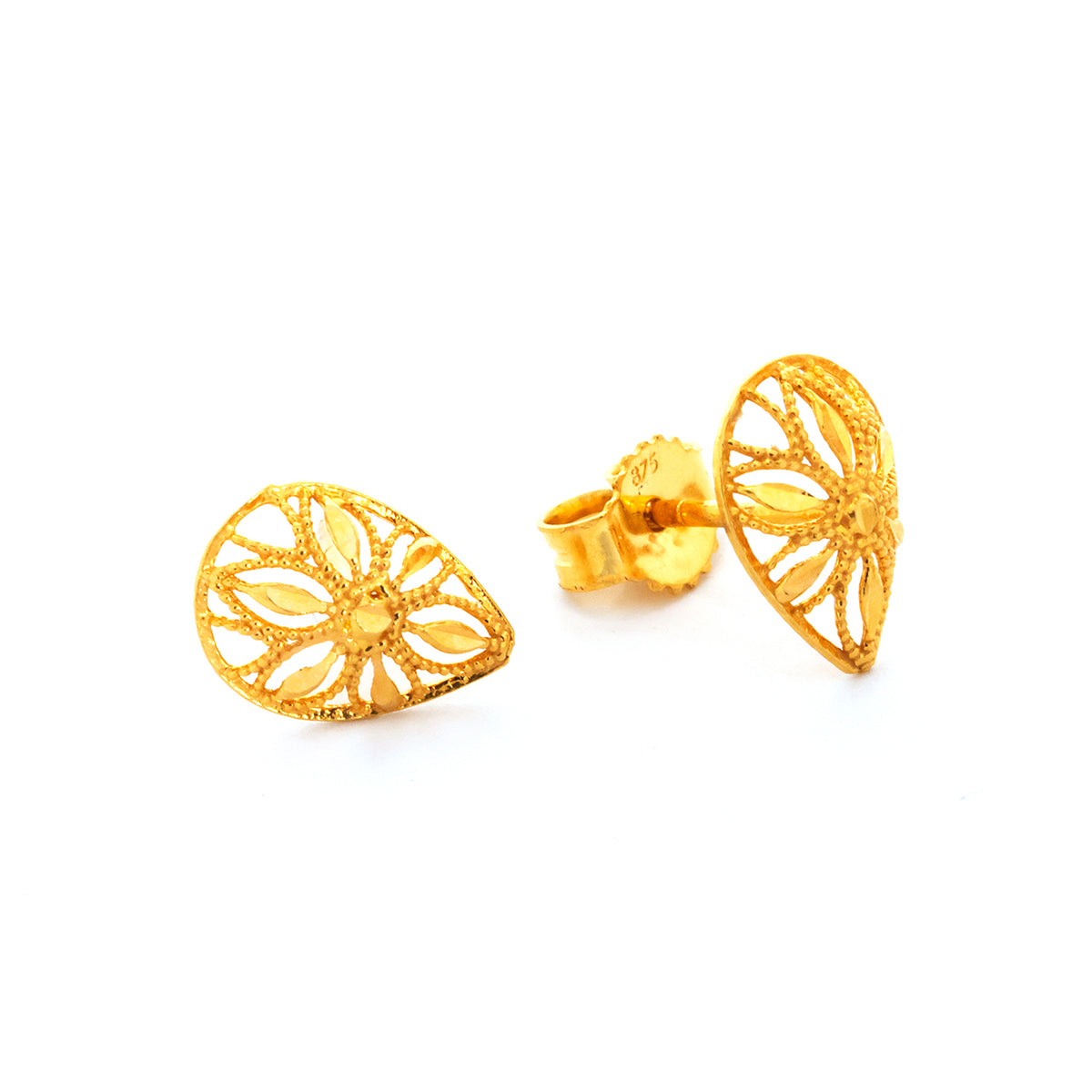 Pair of gold earrings on a white background
