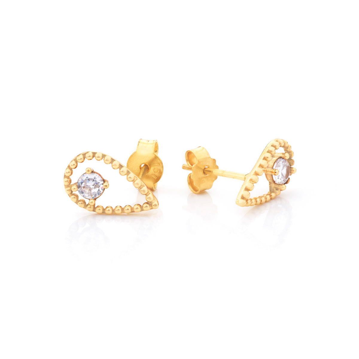A pair of gold stud earrings with open heart-shaped designs, beaded borders, and clear round-cut gemstones, displayed on a clean white background.
