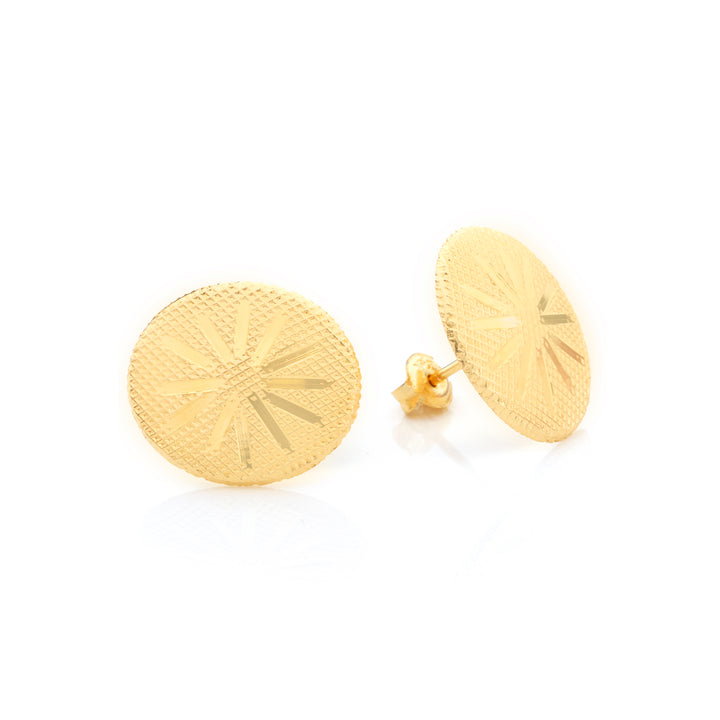 A pair of round gold stud earrings with a textured sunburst pattern, shown on a clean white background.