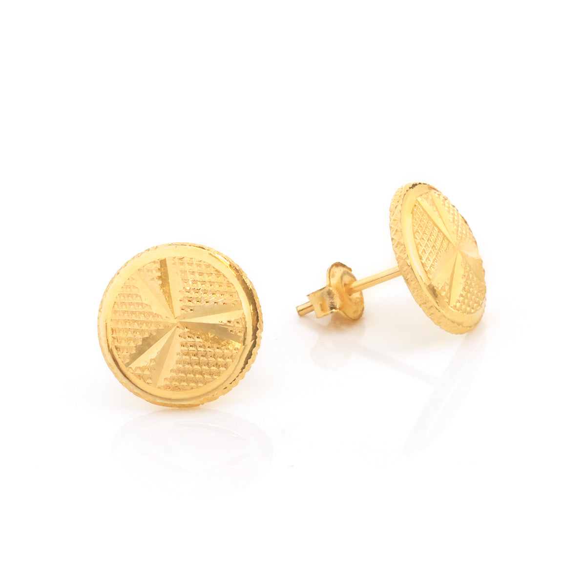 A pair of round gold stud earrings with a textured, geometric pattern on the face and a post with a butterfly back, shown on a white background.