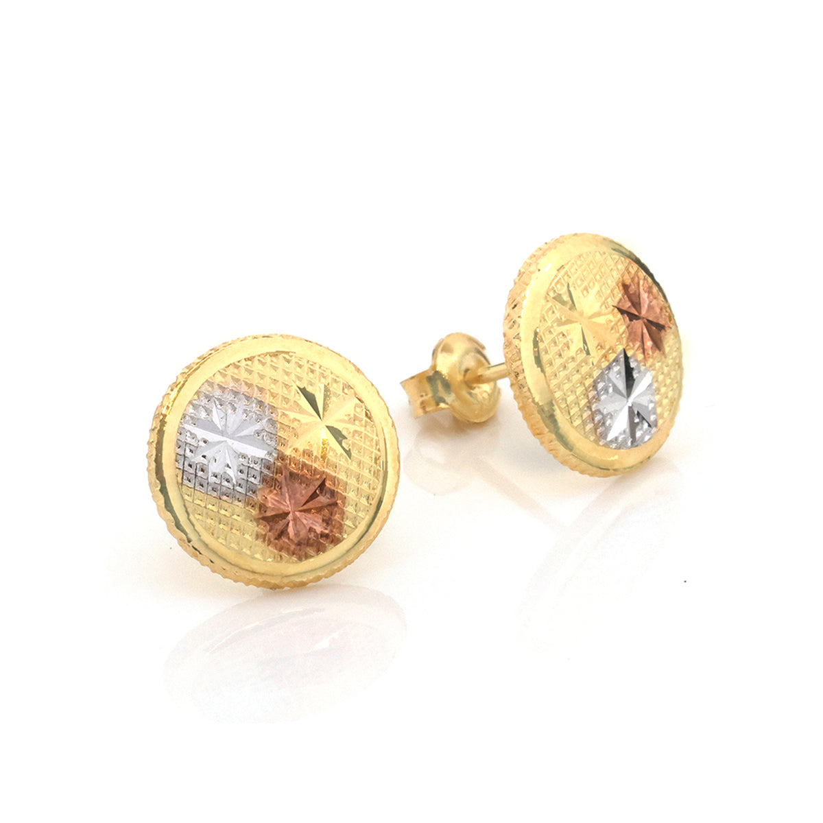 A pair of round gold-tone stud earrings with textured surfaces and small rose gold and silver starburst accents, displayed on a clean white background.