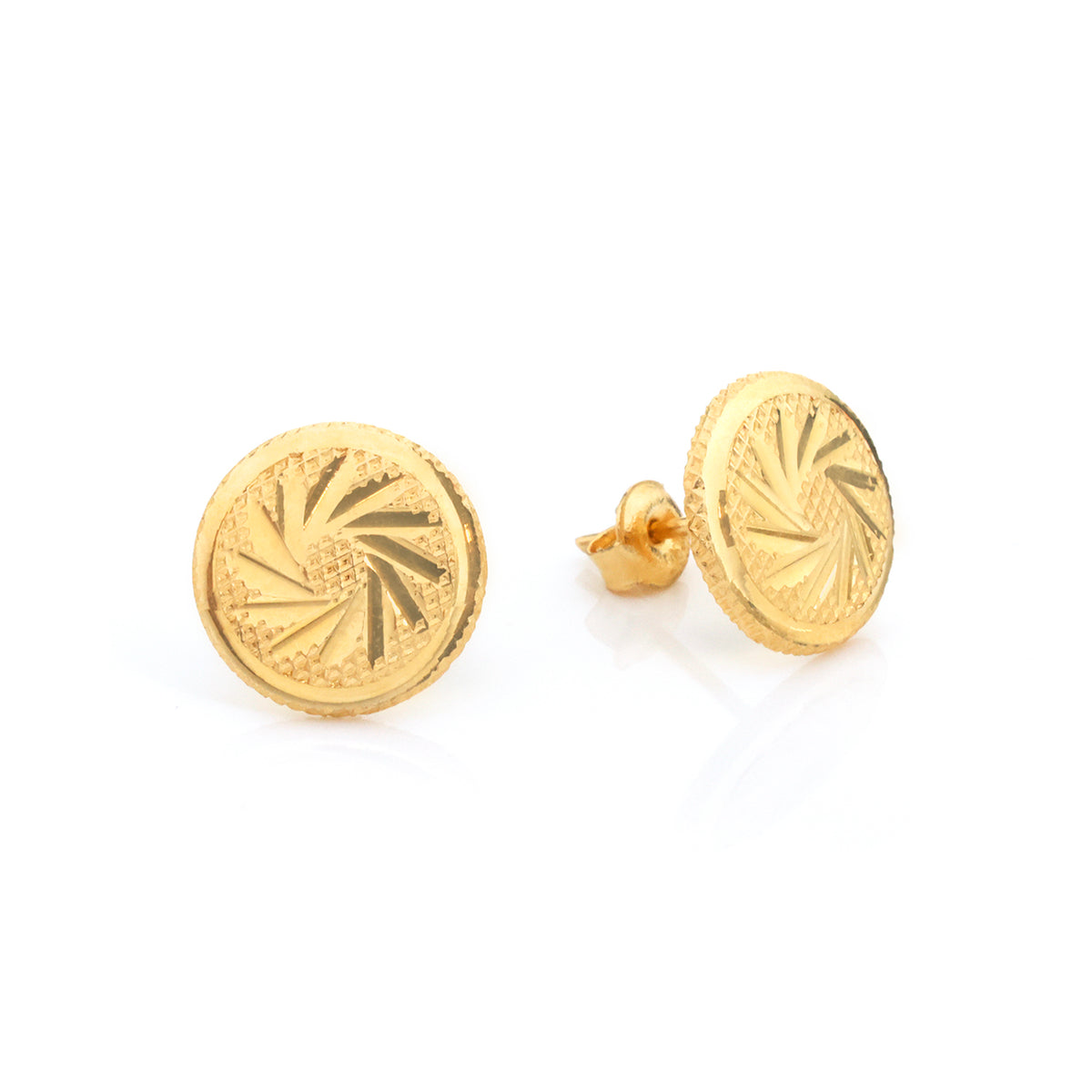 A pair of round gold stud earrings with a textured sunburst or fan-like engraved pattern on a clean white background.