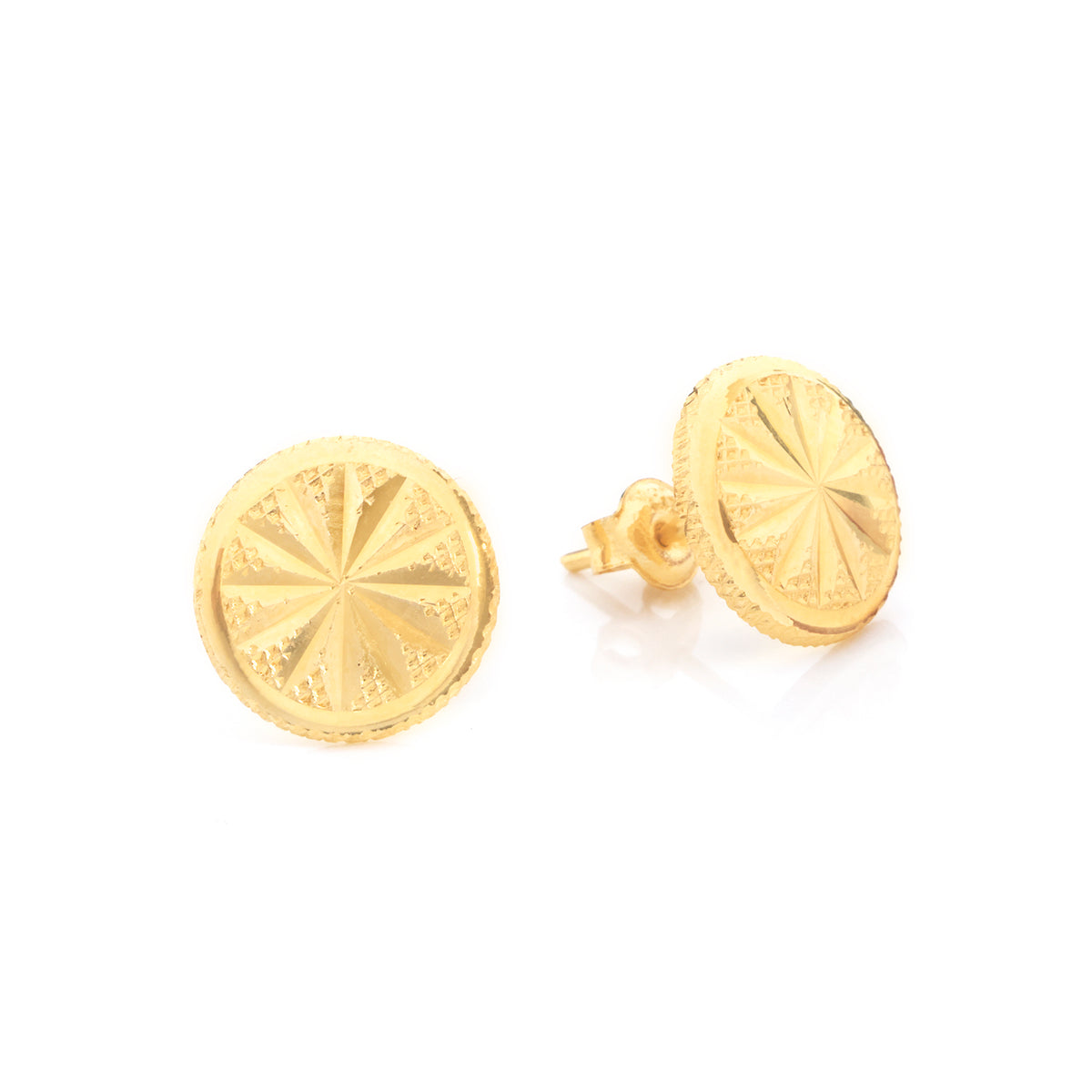 A pair of round gold stud earrings with a textured starburst pattern, shown on a clean white background.