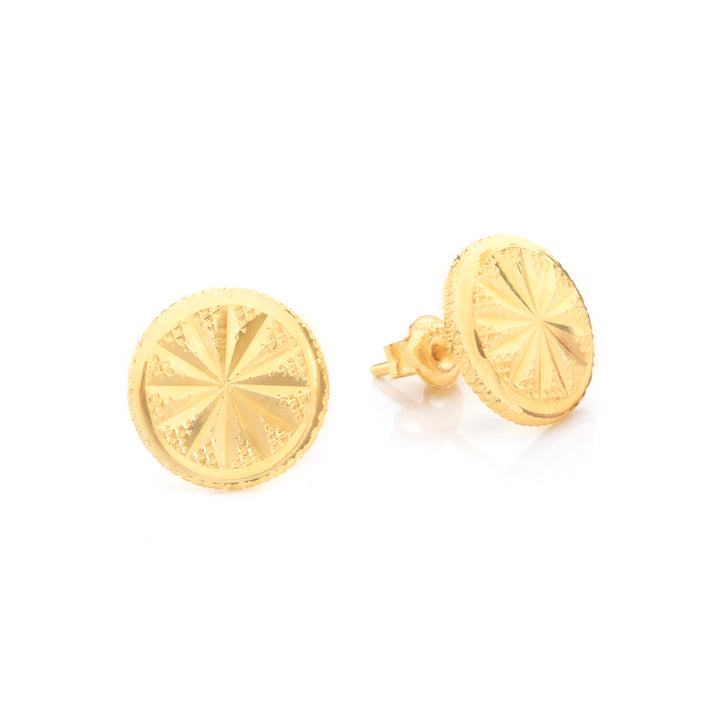 A pair of round gold stud earrings with a textured starburst pattern, shown on a clean white background.