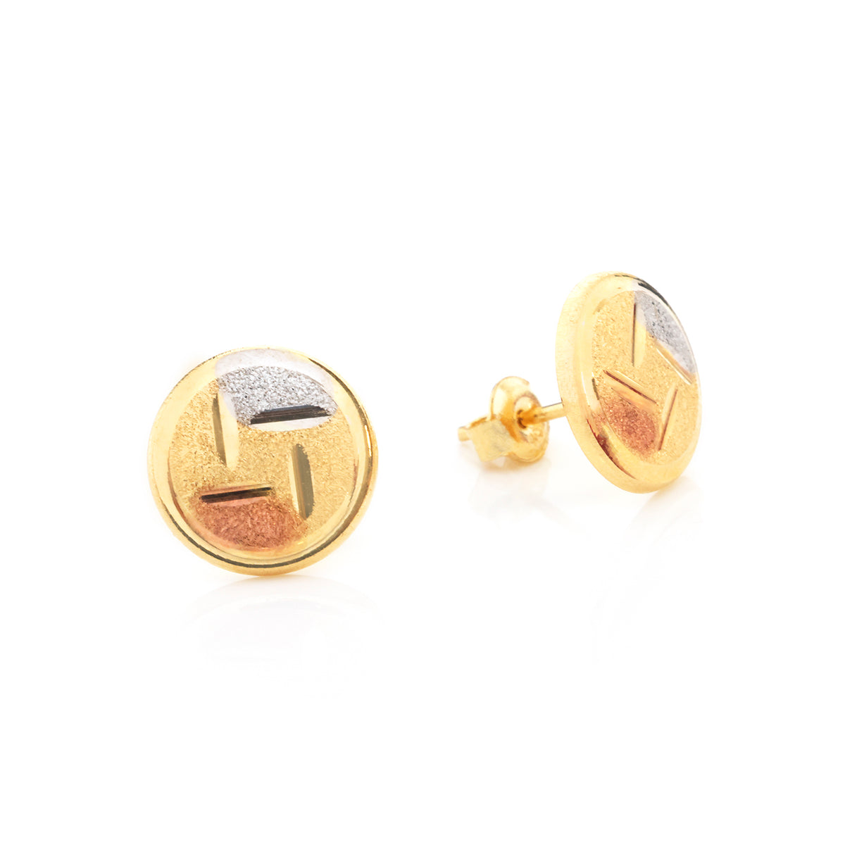 A pair of gold round stud earrings with a textured, geometric chevron-like cutout design, shown on a clean white background.