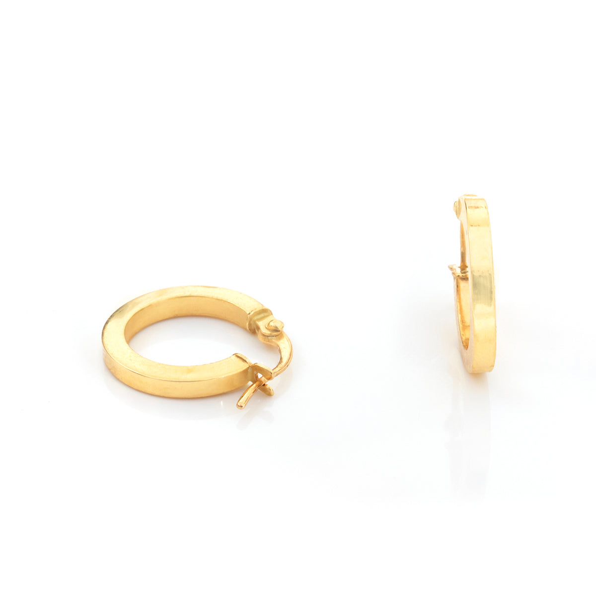 A pair of small gold hoop earrings shown on a clean white background, with one earring facing forward and the other in side profile.