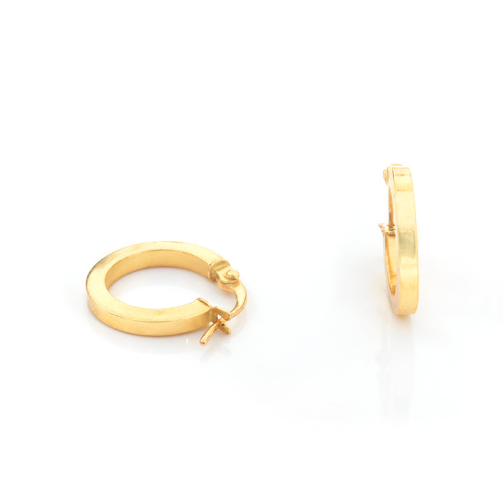A pair of small gold hoop earrings shown on a clean white background, with one earring facing forward and the other in side profile.