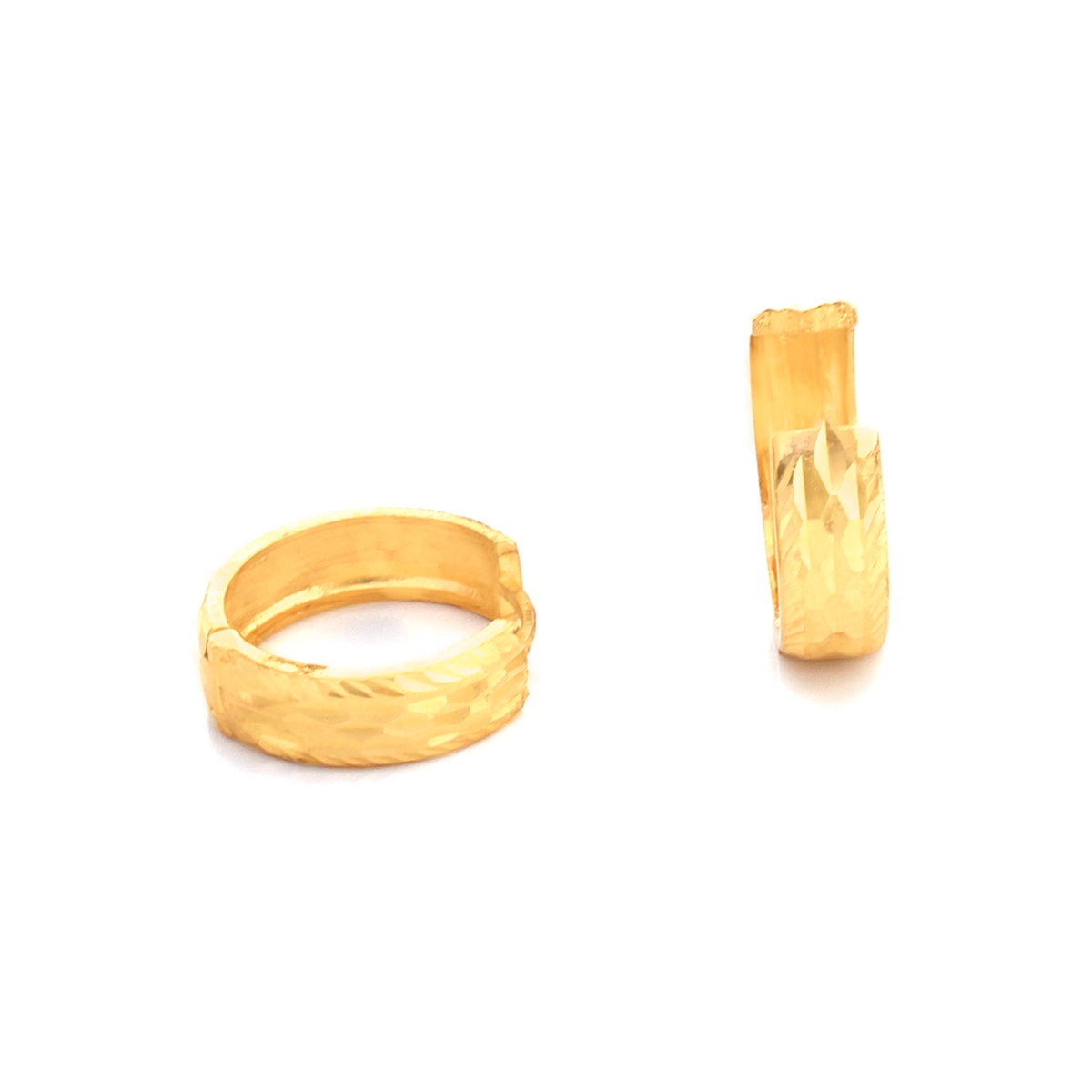 A pair of textured gold rings, one shown in a flat side view and the other in a vertical side view, on a plain white background.