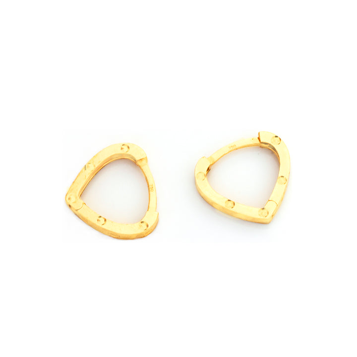 A pair of gold triangular huggie hoop earrings with small screw-hole details, shown on a plain white background.