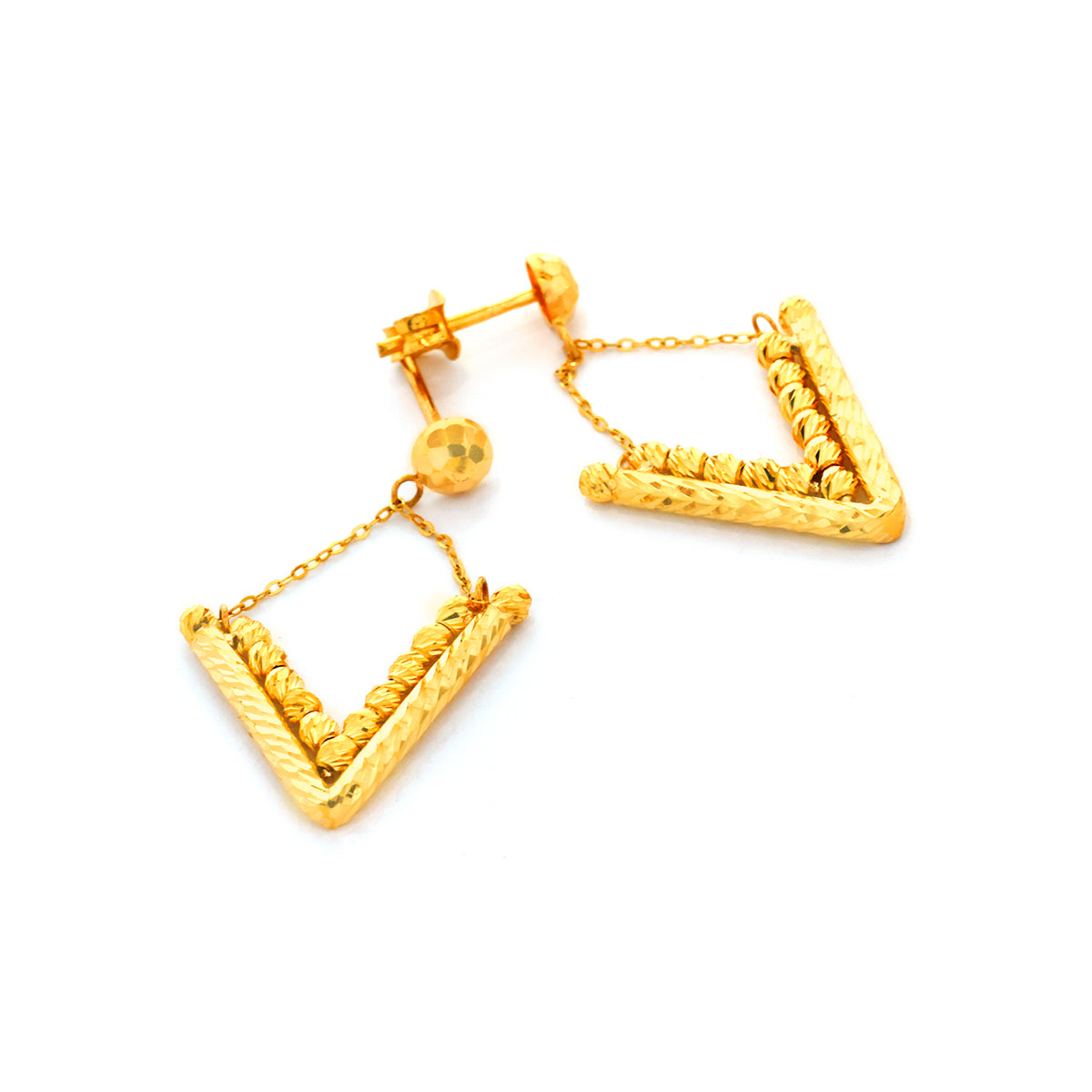 Gold earrings with a V-shaped design on a white background