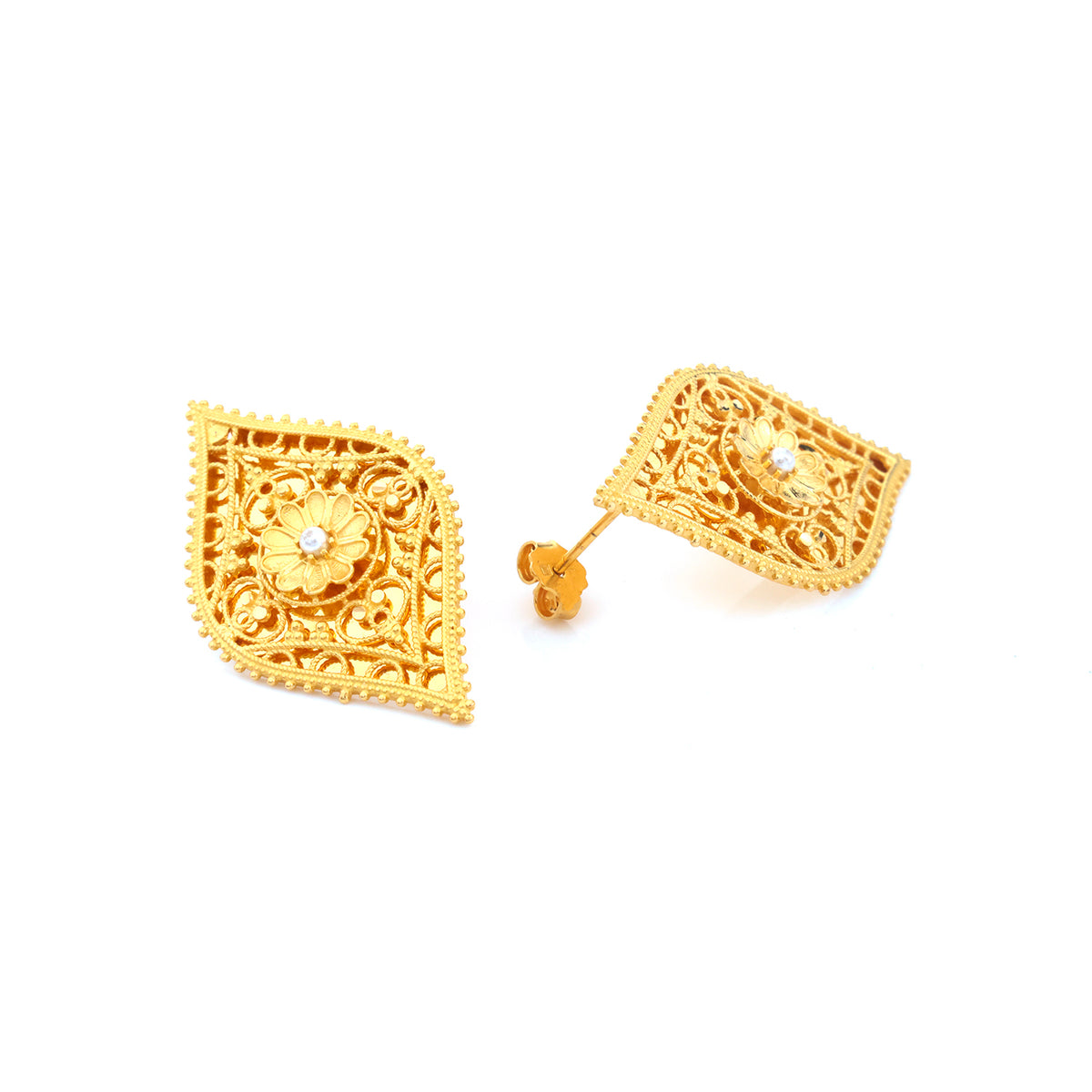 21K Gold Diamond-Shape Filigree Flower Stud Earrings - Zero making charge