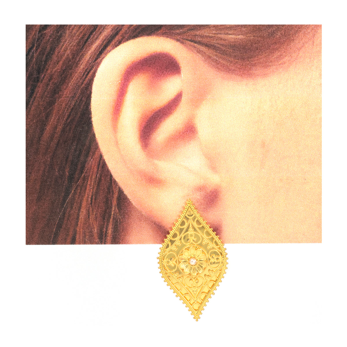21K Gold Diamond-Shape Filigree Flower Stud Earrings - Zero making charge
