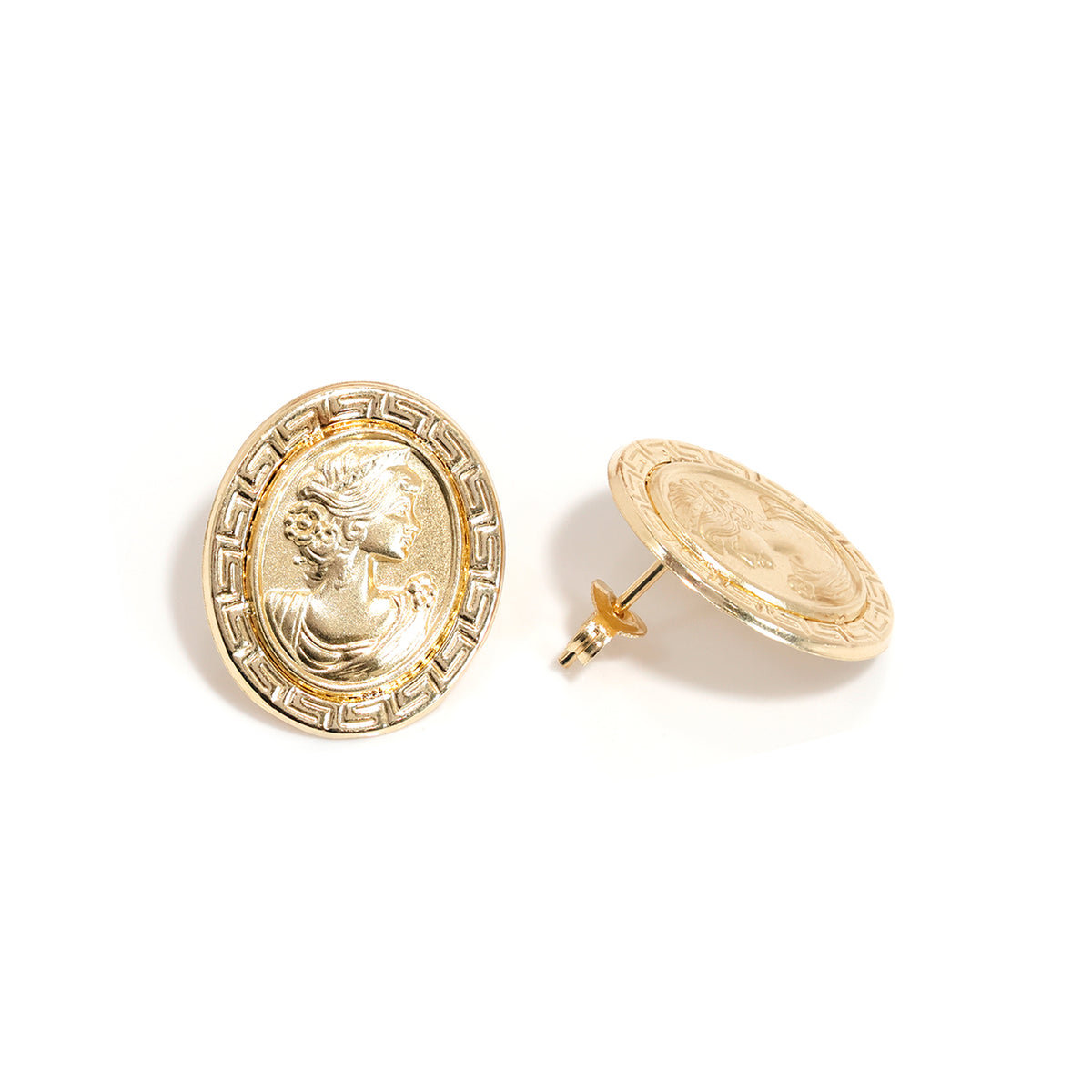 18K Gold Earrings – oval cameo-style stud with a Greek-key border - Main View