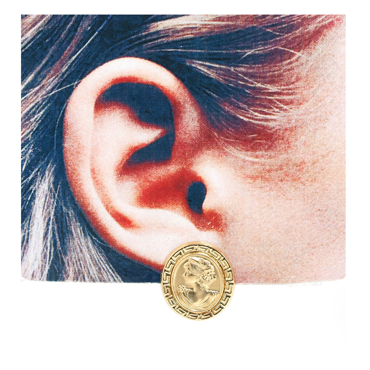 18K Gold Earrings – oval cameo-style stud with a Greek-key border - Size Reference 