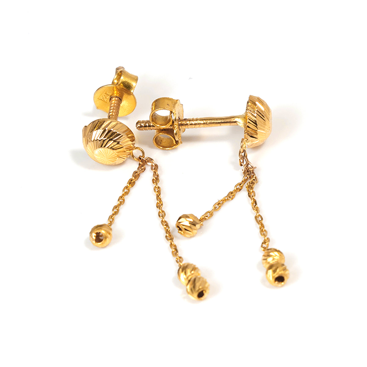 Gold earrings with chain and spherical beads on a white background