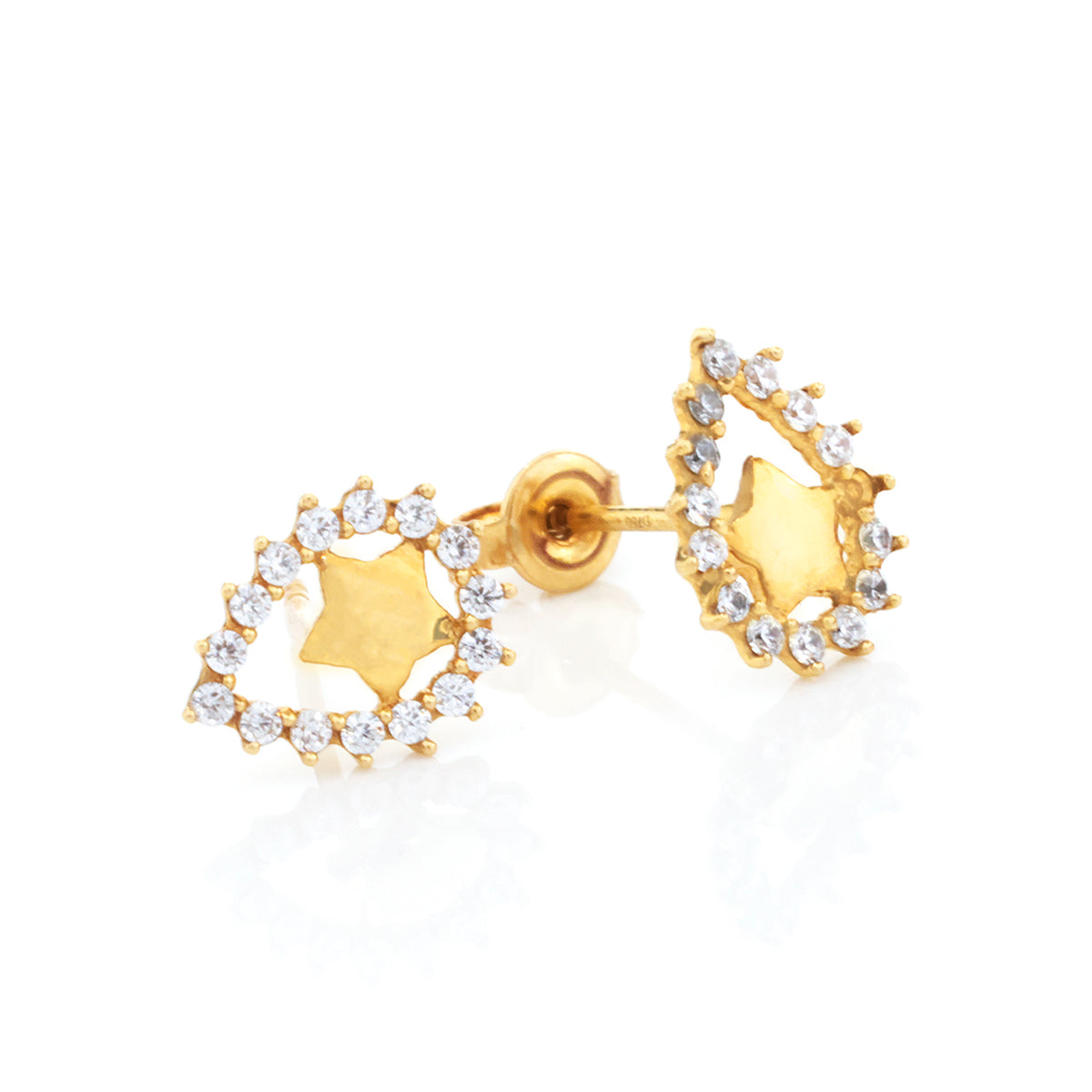 A pair of gold crescent moon stud earrings, each featuring a central star-shaped inlay surrounded by a halo of clear cubic zirconia stones, shown on a white reflective background.