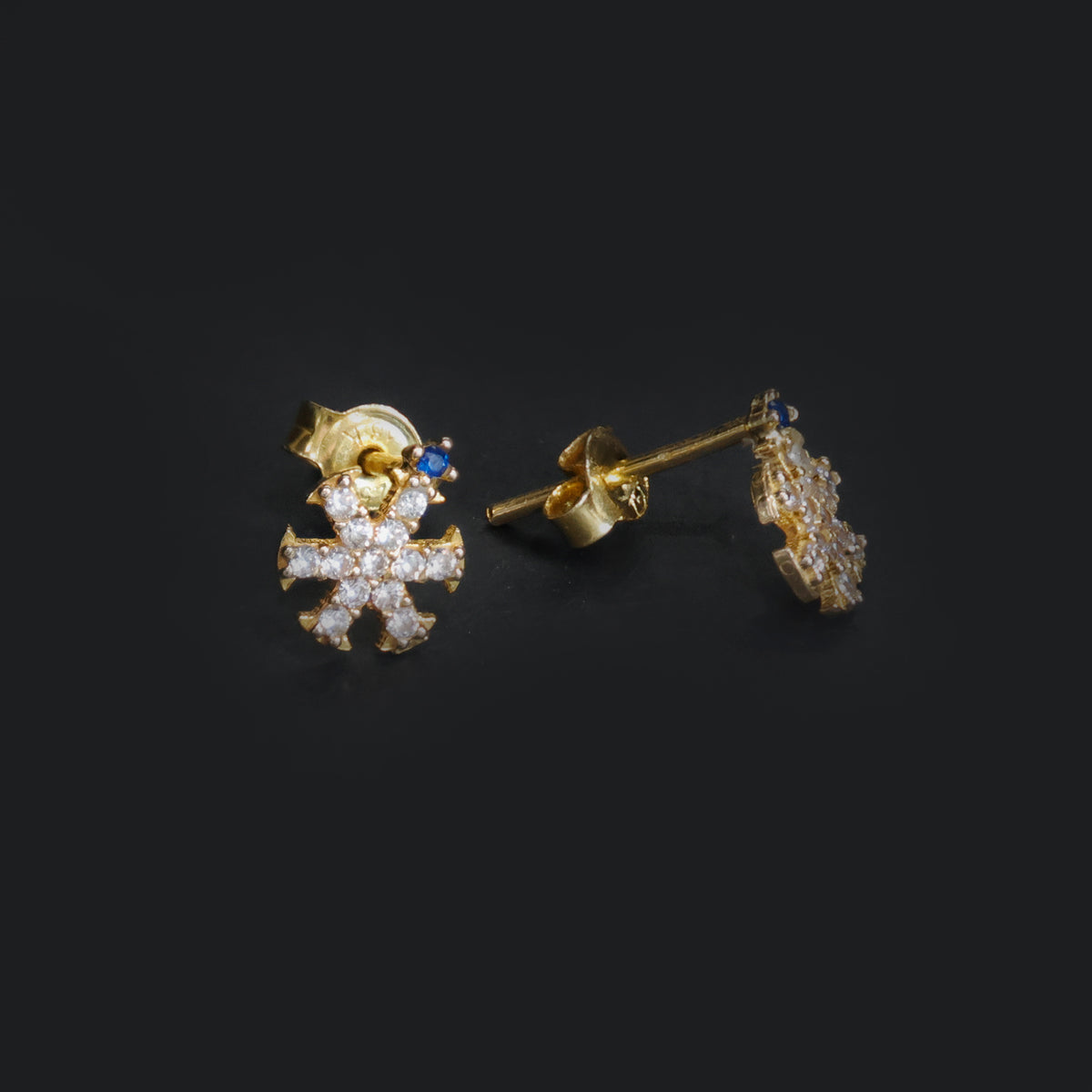 18k Gold Stud Earrings - CZ & Sapphire Design - Full View