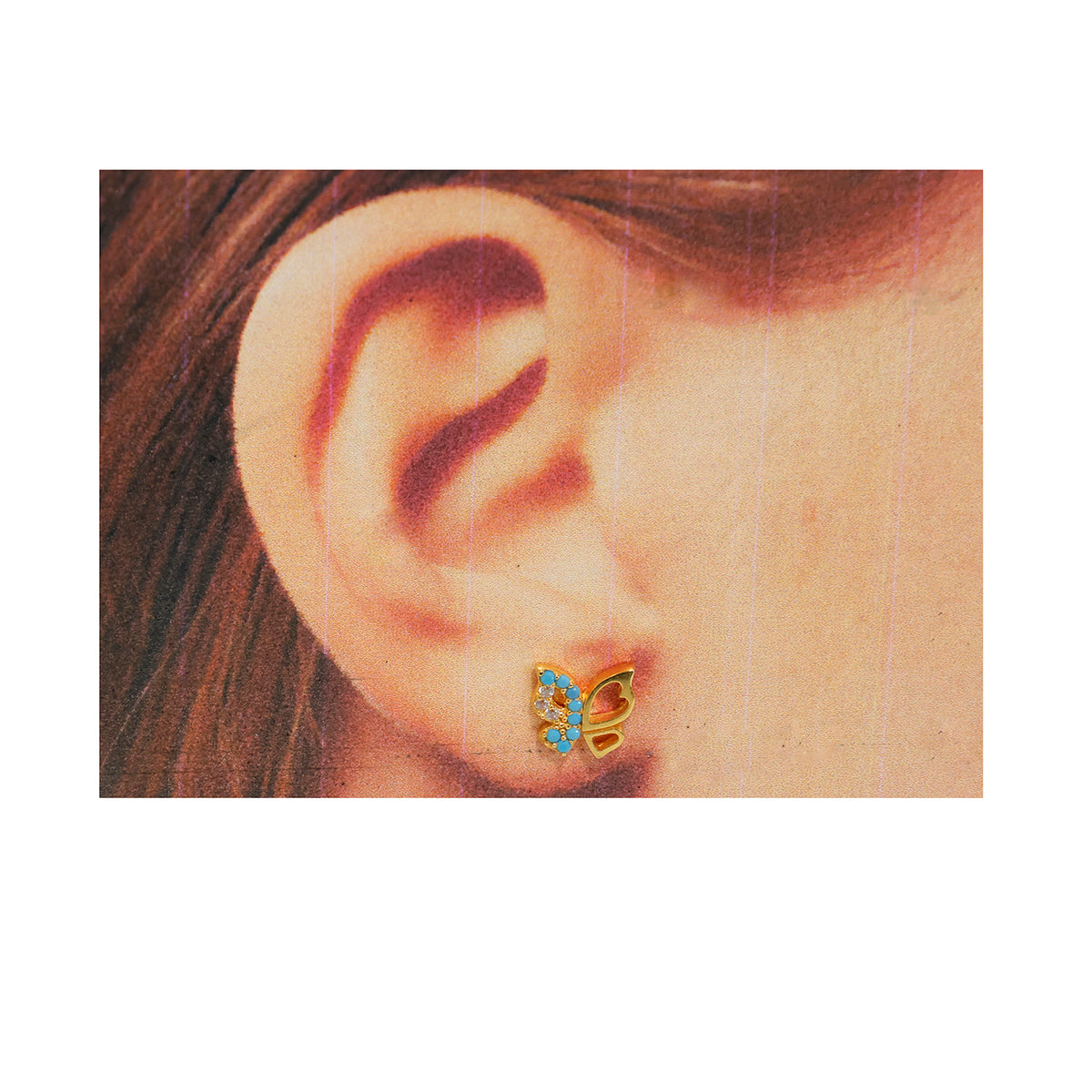 21K Gold Butterfly Stud Earrings with Turquoise blue enamel - Size Refrerence