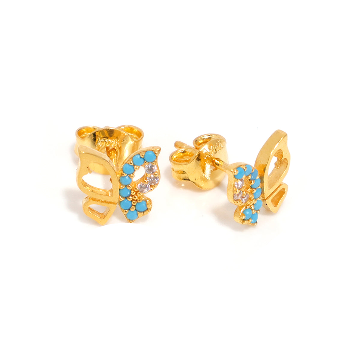 21K Gold Butterfly Stud Earrings with Turquoise blue enamel - Main View
