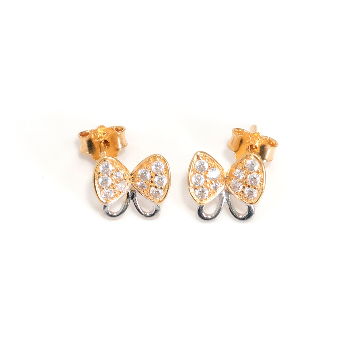 21K Gold Butterfly Earrings - Two-Tone CZ Studs – Main View
