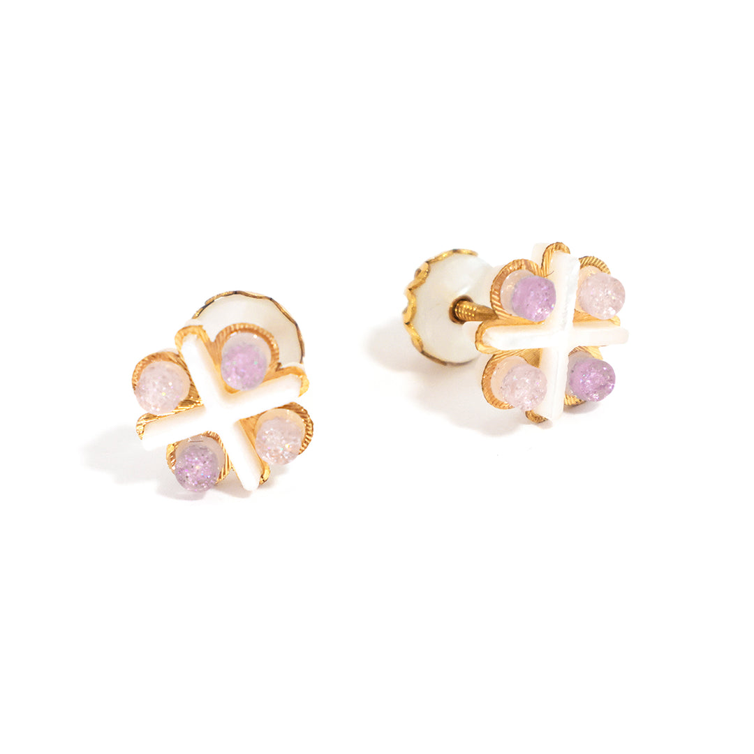 Pair of earrings with gold and pink gemstone design on a white background