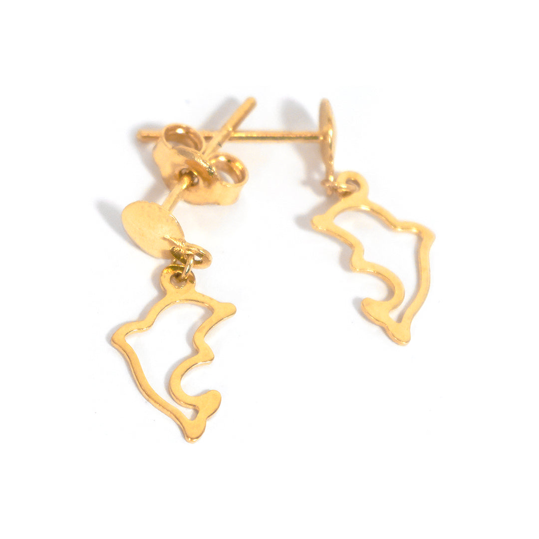 Gold earrings with a unique design on a white background