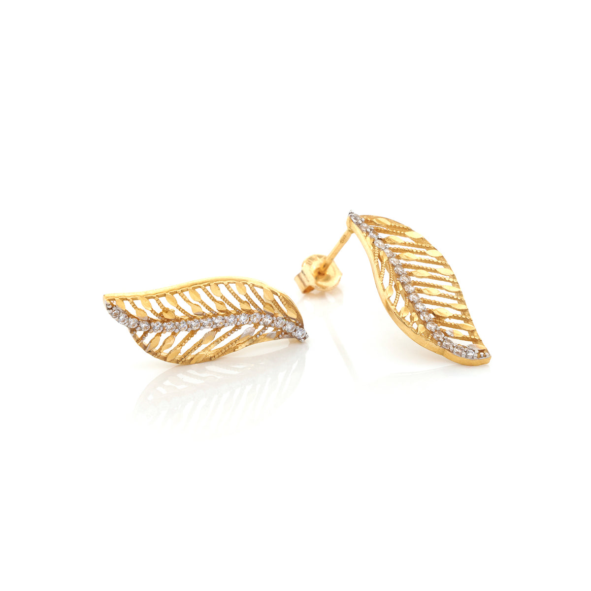 A pair of gold leaf-shaped drop earrings adorned with small clear stones along the center, displayed on a clean white background.