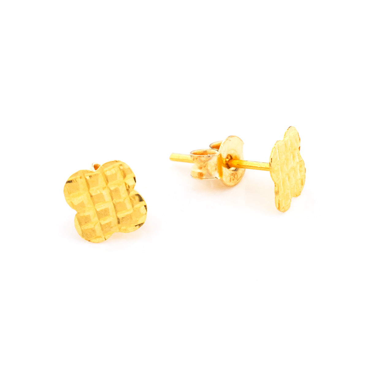 A pair of gold stud earrings with a textured, woven-like geometric pattern, shown on a plain white background.