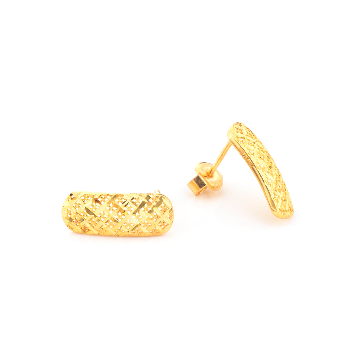 A pair of gold textured hoop earrings with a diamond-patterned woven design, shown on a plain white background.