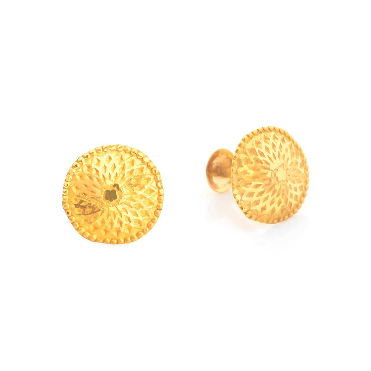 A pair of textured gold round stud earrings on a plain white background.
