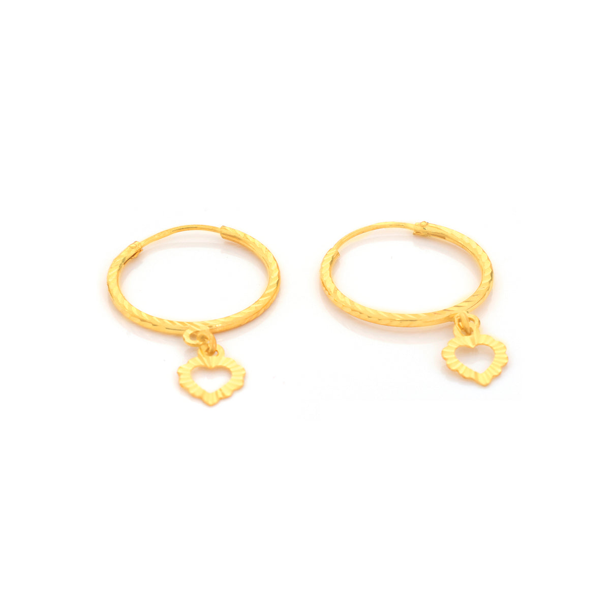 22K Gold Diamond-Cut Hoop Open Heart Charm Earrings