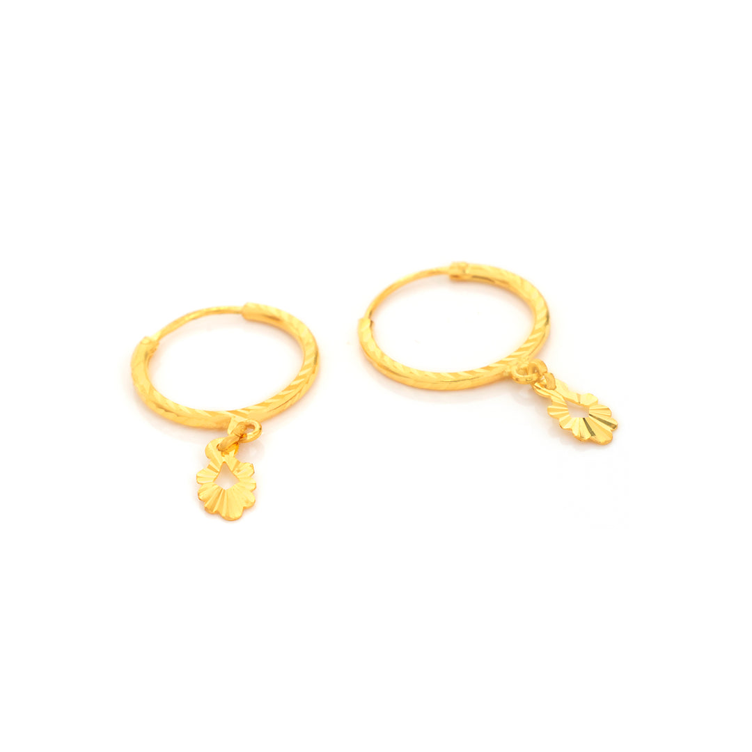22K Gold Diamond-Cut Hoop Earrings with Charm Drop