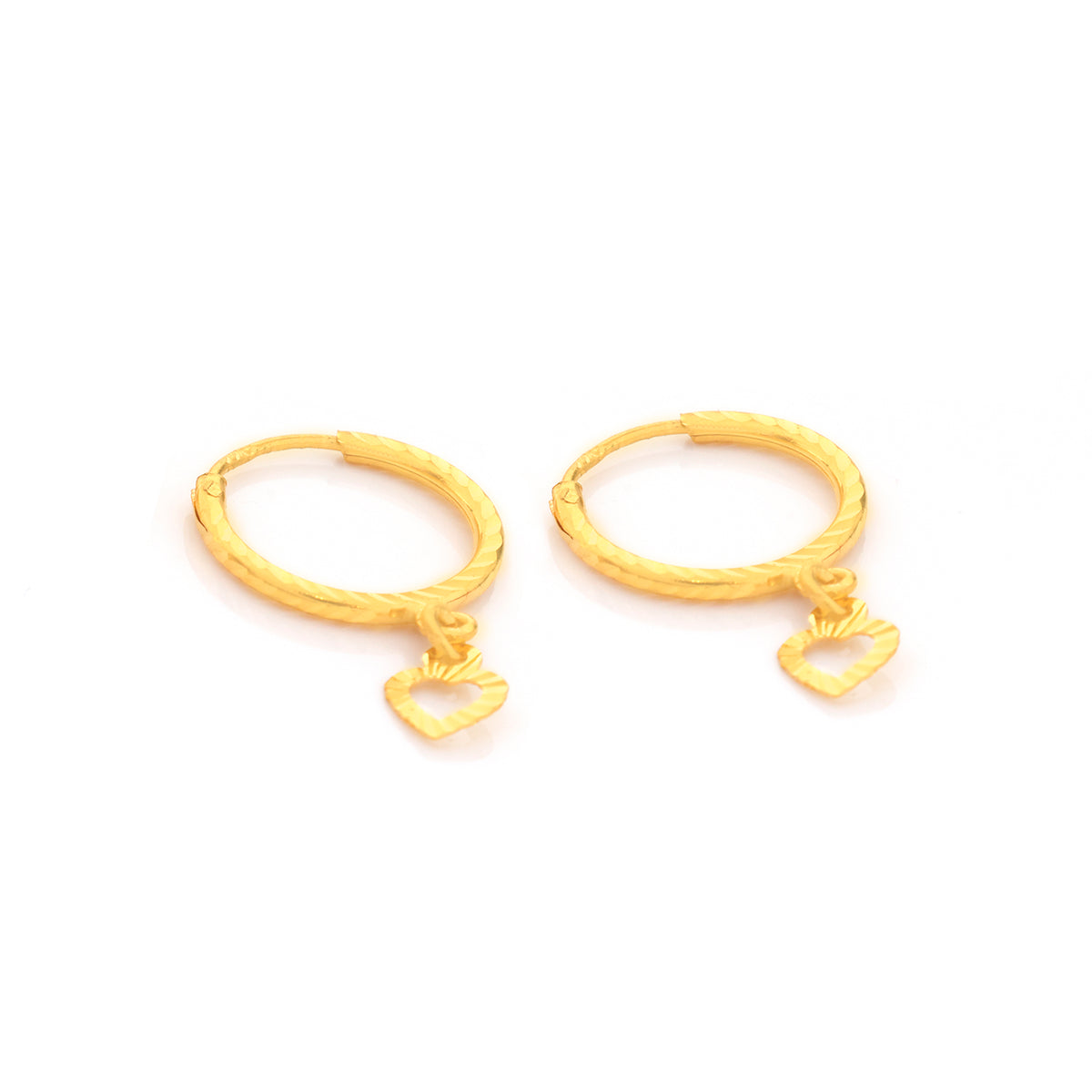 22K Gold Diamond-Cut Hoop Heart Charm Earrings