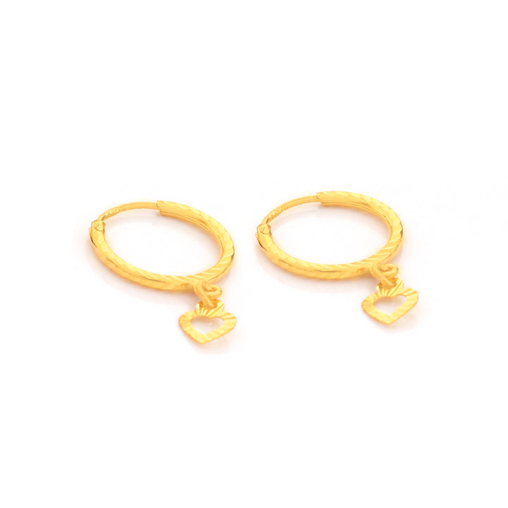 22K Gold Diamond-Cut Hoop Heart Charm Earrings