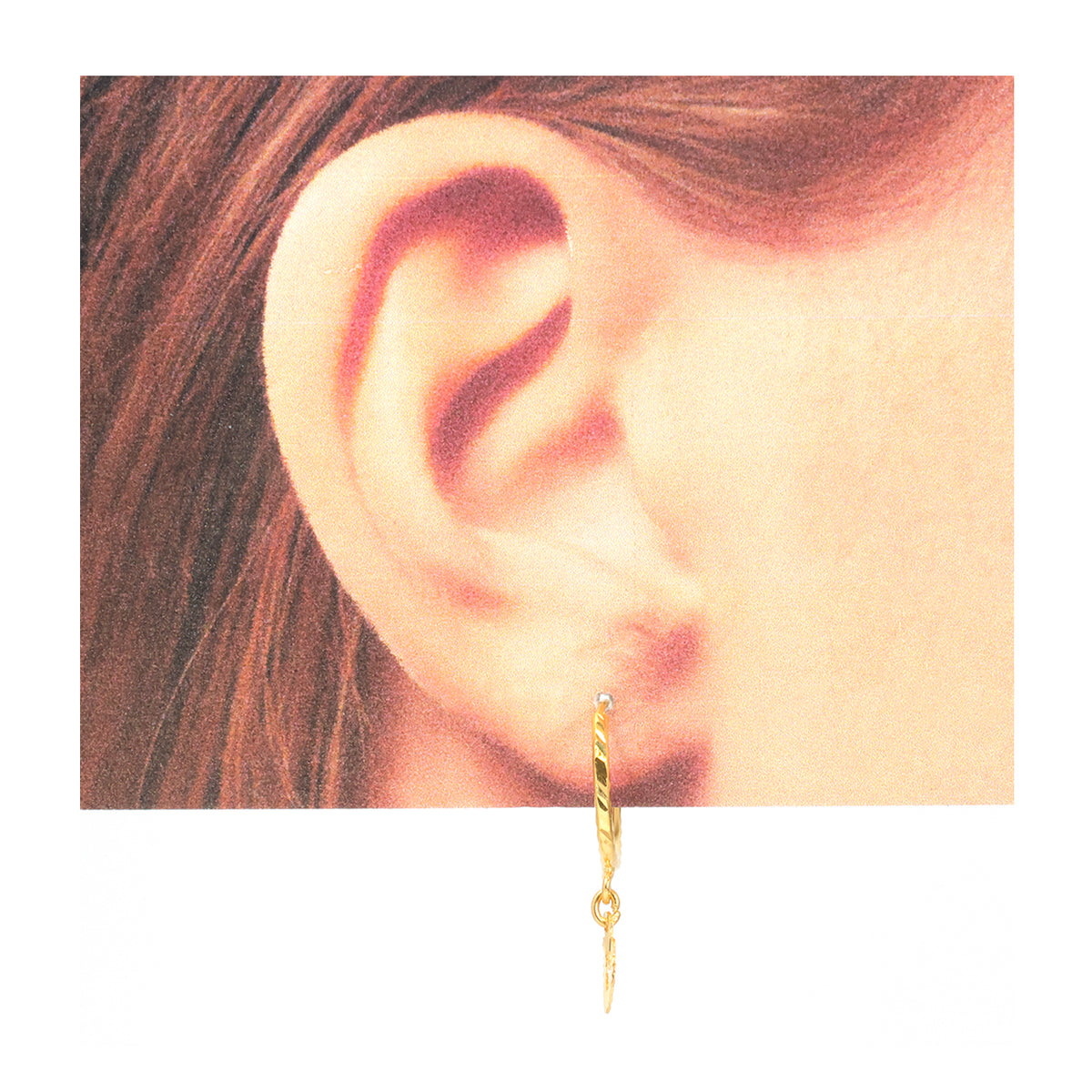 22K Gold Diamond-Cut Hoop Heart Charm Earrings